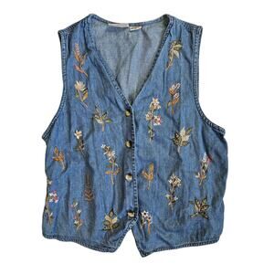 Vintage Denim Vest Button Down Emboridered Cottagecore - Large